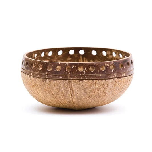 2 Tone Punched Coconut Bowl Set -(1 Bowl & wooden spoon) Handcrafted Eco-Friendly Serving Bowls