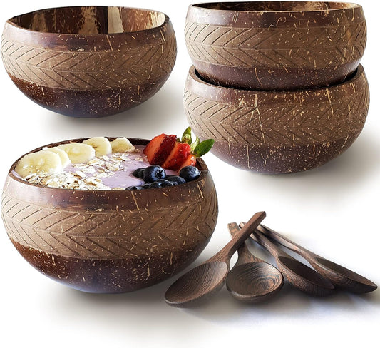 Natural Coconut Bowl - Geometric Design(1 Bowl & 1 Wooden Spoon),Sustainable and Handcrafted Eco-Friendly Tableware