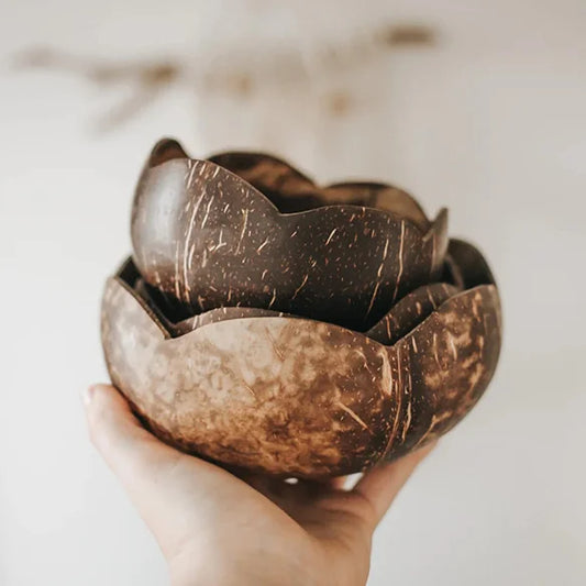 Authentic Coconut Bowls - Flowera design(1 Bowl & 1 Wooden Spoon)Handcrafted, Sustainable, and Stylish